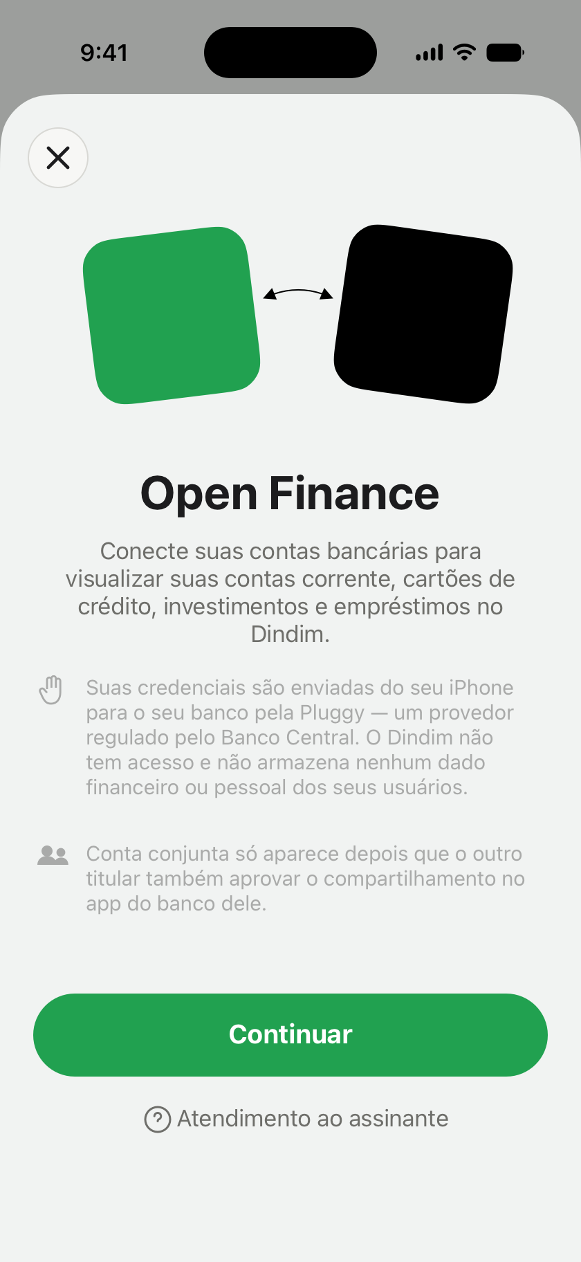 A tela de conexão Open Finance, explicando que as credenciais vão do iPhone direto para o banco por um provedor regulado pelo Banco Central, com o botão Continuar.