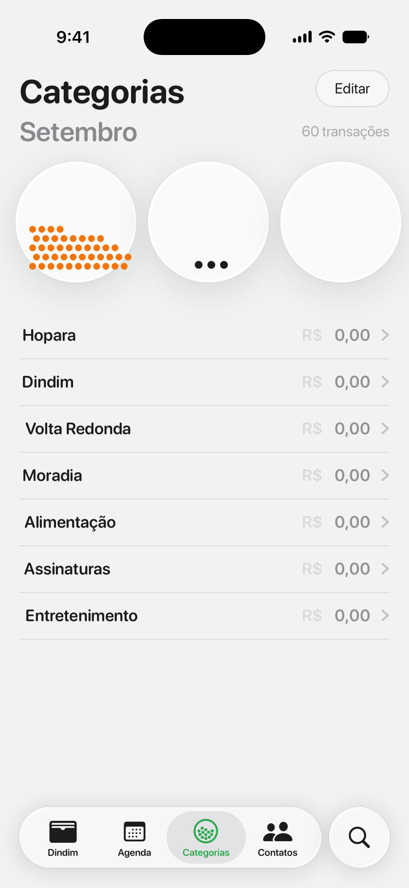 As Categorias de setembro: três círculos no alto, o primeiro cheio de bolinhas laranja de transações sem categoria, e abaixo a lista de categorias com o total de cada uma.