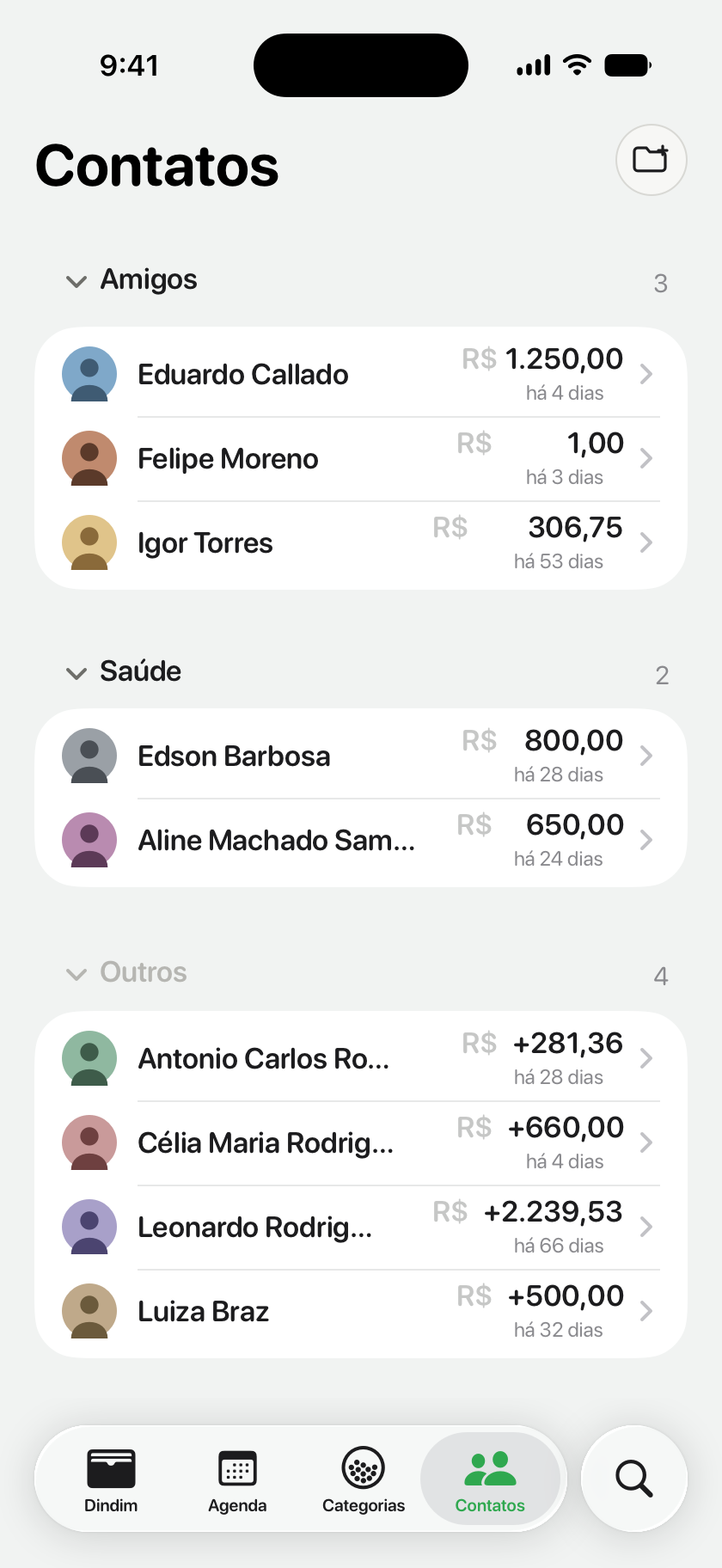 Os Contatos em grupos — Amigos, Saúde, Outros — cada um com o valor da última transação e há quantos dias ela foi.